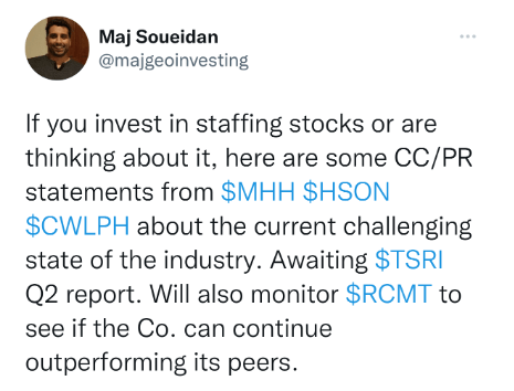 maj tweet investing in staffing companies cc statements