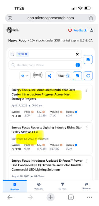 EFOI Real-time data center filtered in app